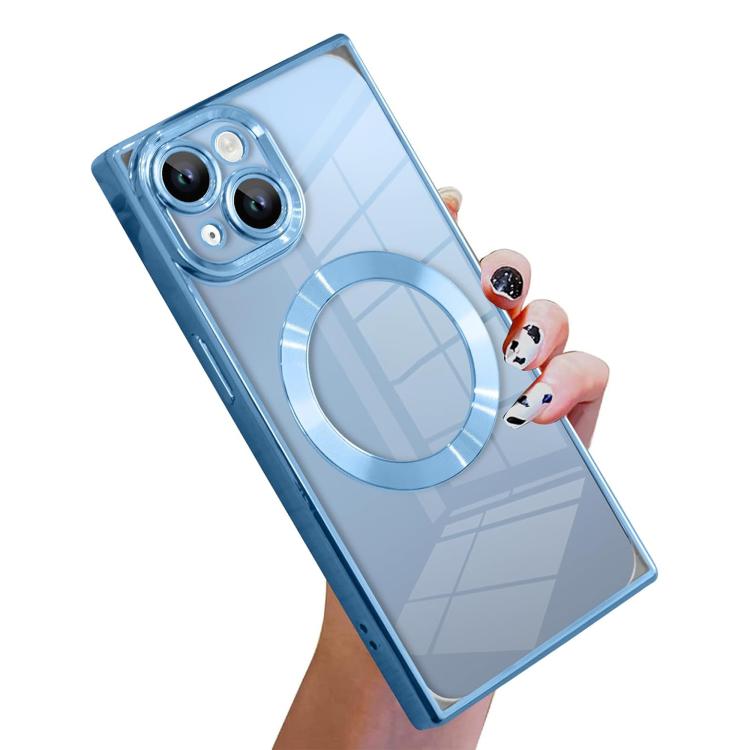 

For iPhone 14 Plus Right Angle Square Electroplated CD Pattern TPU MagSafe Phone Case(Sierra Blue)