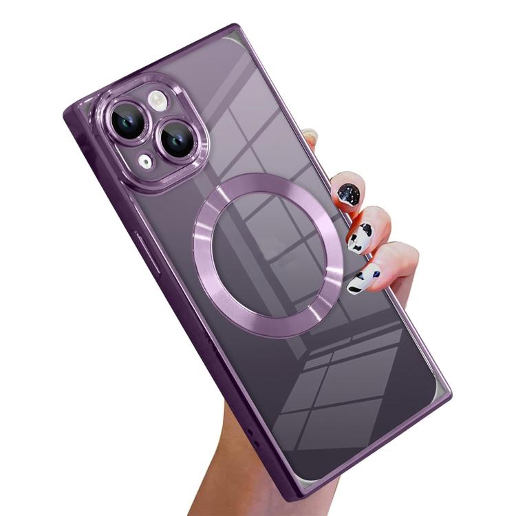 

For iPhone 15 Right Angle Square Electroplated CD Pattern TPU MagSafe Phone Case(Dark Purple)