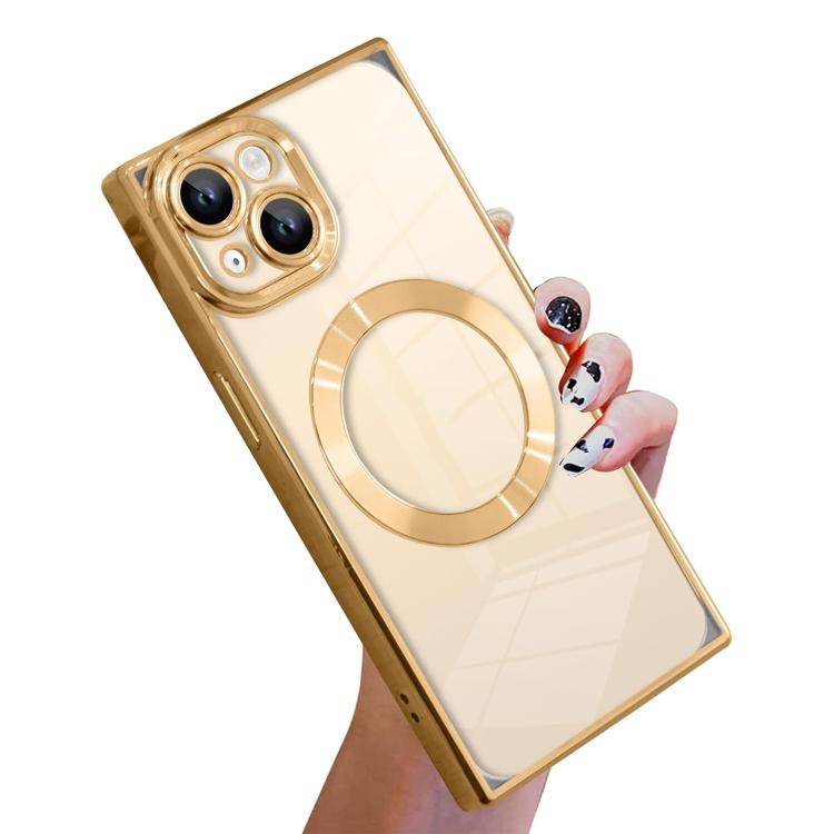 

For iPhone 14 Right Angle Square Electroplated CD Pattern TPU MagSafe Phone Case(Gold)