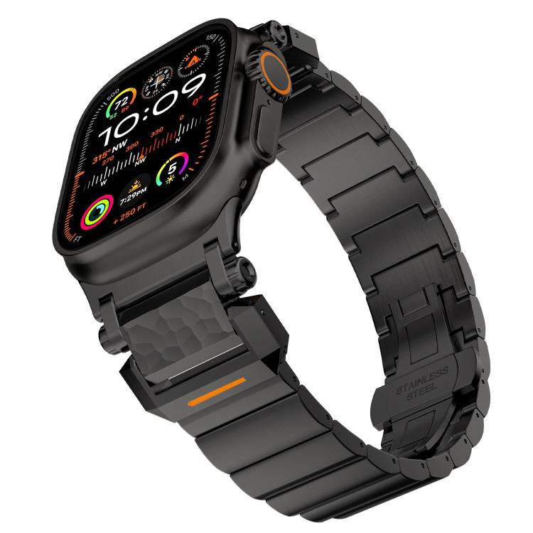 

For Apple Watch 46mm / 49mm / 45mm / 44mm Hammer Pattern Butterfly Buckle Stainless Steel Head One Bead Titanium Alloy Watch Band(Black)