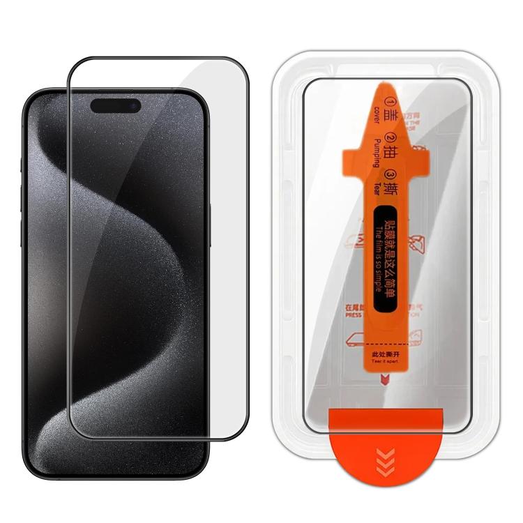 

For iPhone 15 Pro Easy Install Box Dust-Free Clear Screen-printed HD Tempered Glass Film