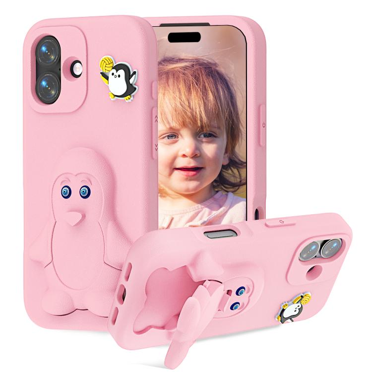 

For iPhone 17 Penguin Baby EVA Shockproof Phone Case with Holder(Pink)