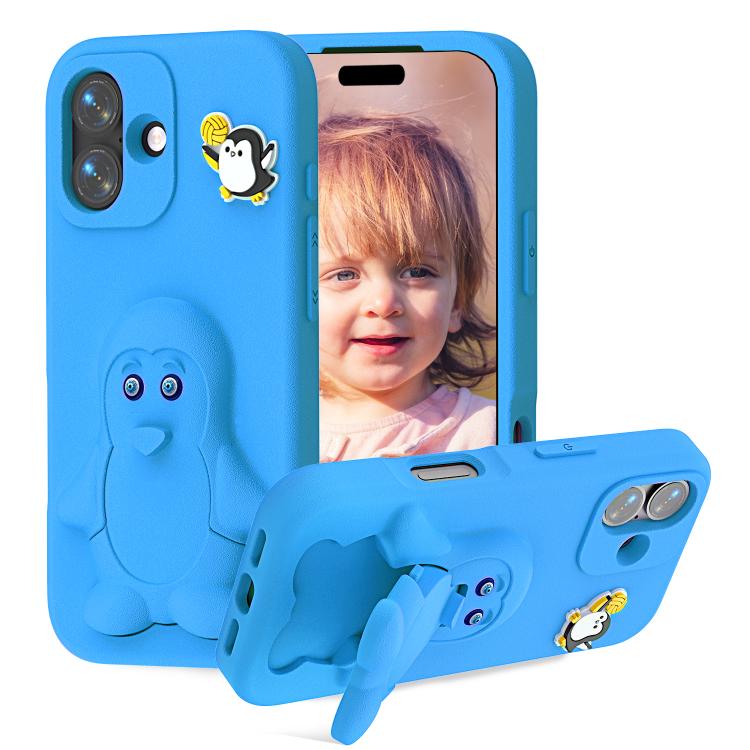 

For iPhone 16 Penguin Baby EVA Shockproof Phone Case with Holder(Blue)