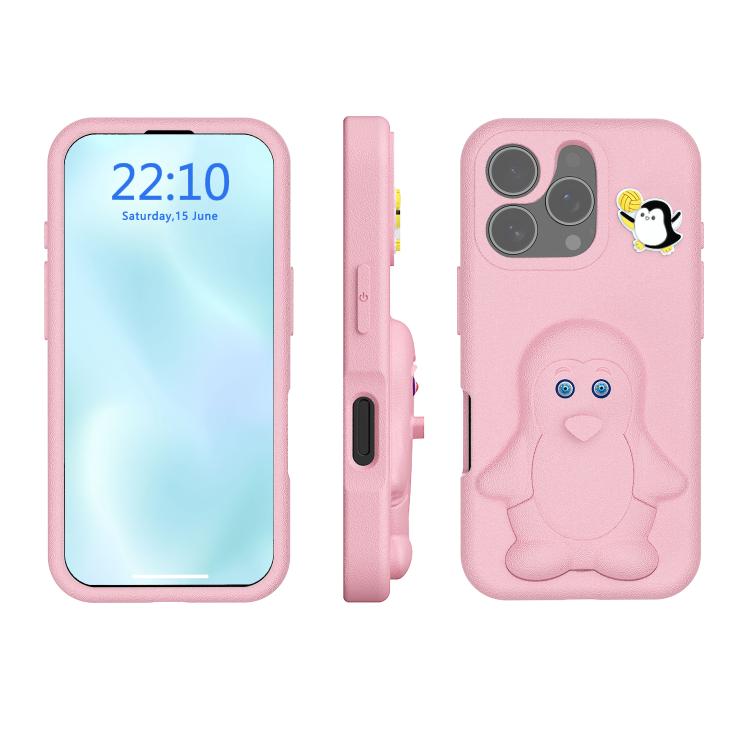 

For iPhone 16 Pro Max Penguin Baby EVA Shockproof Phone Case with Holder(Pink)