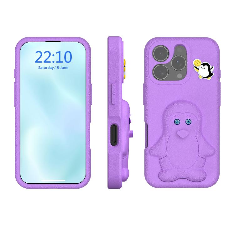 

For iPhone 16 Pro Max Penguin Baby EVA Shockproof Phone Case with Holder(Purple)
