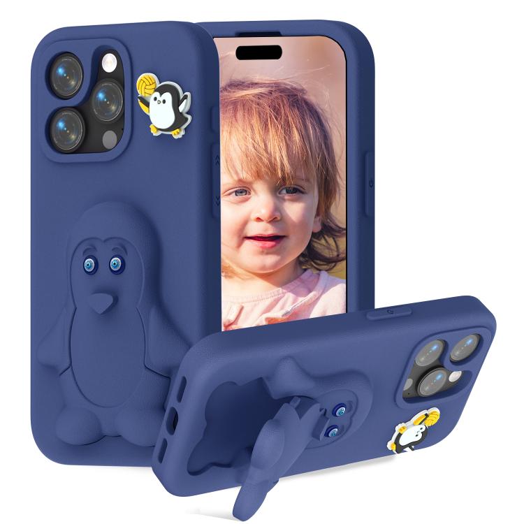 

For iPhone 15 Pro Penguin Baby EVA Shockproof Phone Case with Holder(Navy Blue)