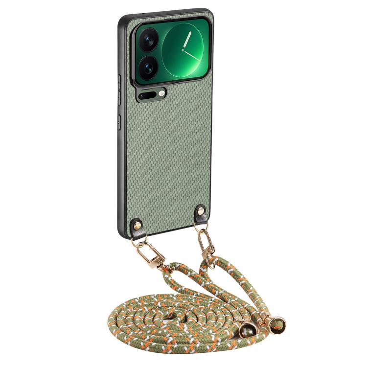 

For Xiaomi 17 Pro Max Carbon Fiber Texture Leather Back Cover Phone Case with Crossbody Strap(Green)