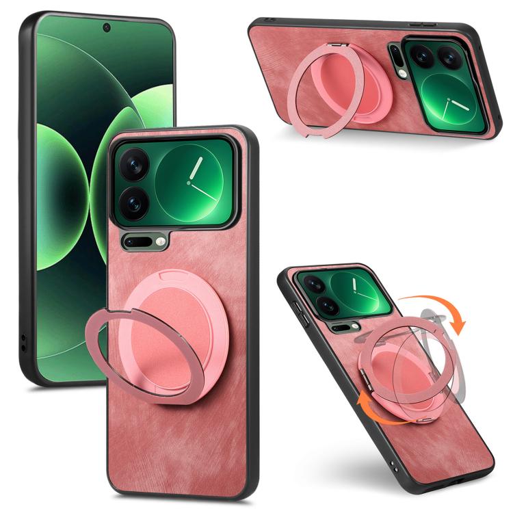 

For Xiaomi 17 Pro Retro Leather Rotation Round Holder Phone Case(Pink)