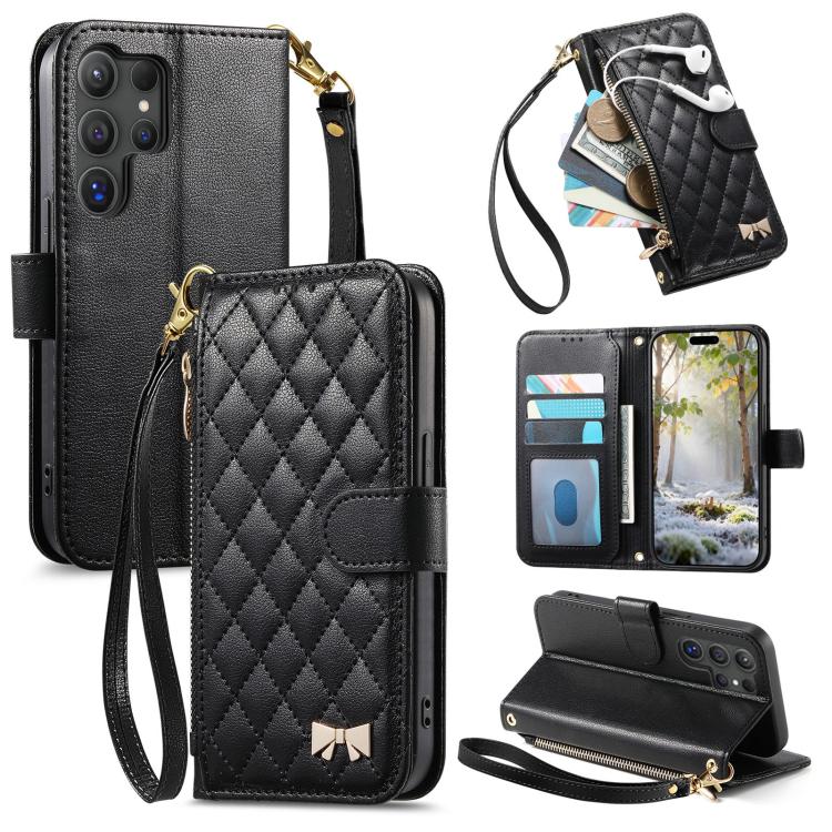 

For Samsung Galaxy S25 Ultra 5G Rhombic Texture Zipper Wallet Metal Bow-knot Vegan Leather Phone Case with Strap(Black)