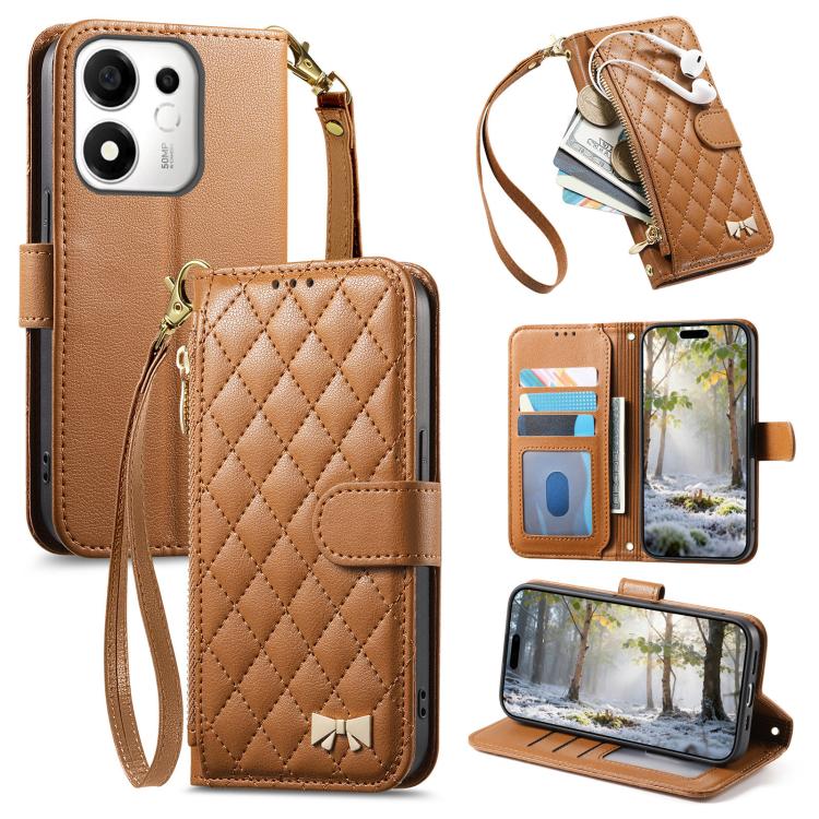 For Honor 600 Smart 5G Rhombic Texture Zipper Wallet Metal Bow-knot Vegan Leather Phone Case with Strap(Brown)