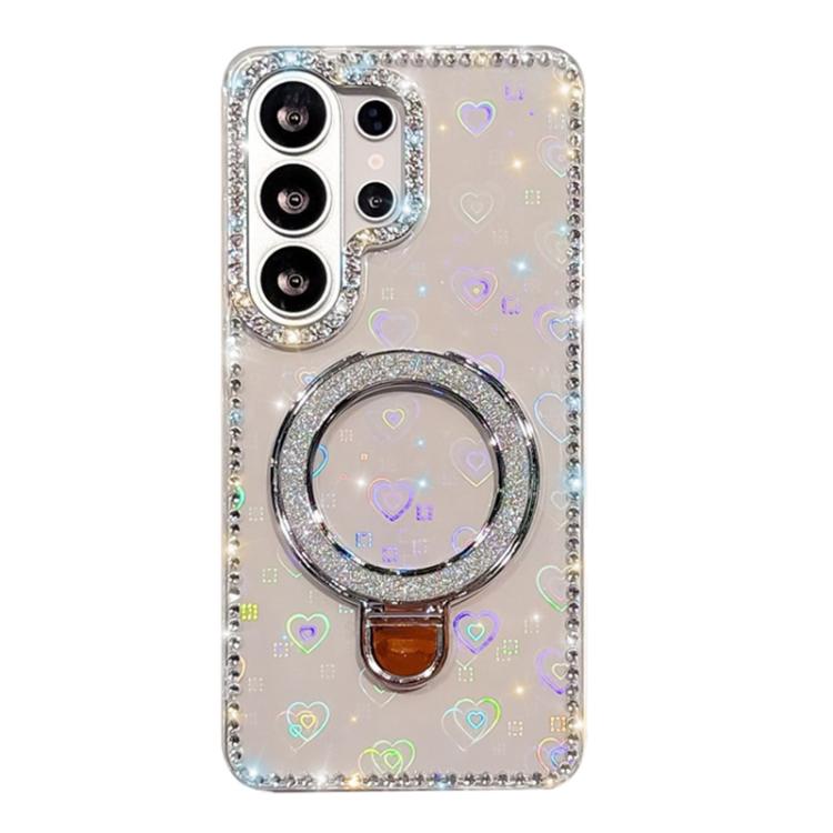 

For Samsung Galaxy S26 Ultra 5G Rhinestone Glitter Kickstand Dual-side IMD Phone Case(Heart Transparent)