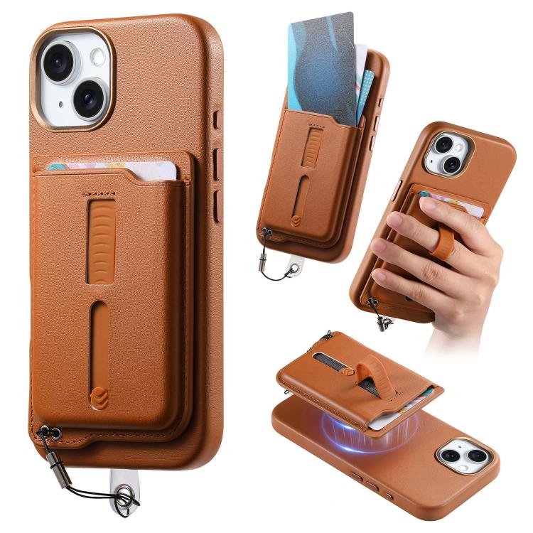 

For iPhone 14 Plus Detachable Magnetic Card Bag Phone Case with Finger Ring Grip & Anti-loss Rope(Brown)