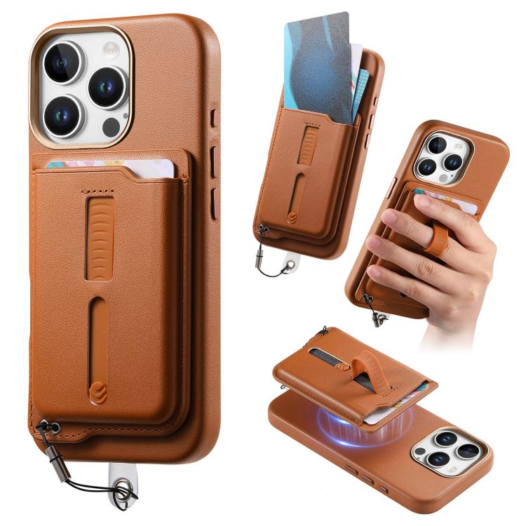 

For iPhone 14 Pro Detachable Magnetic Card Bag Phone Case with Finger Ring Grip & Anti-loss Rope(Brown)