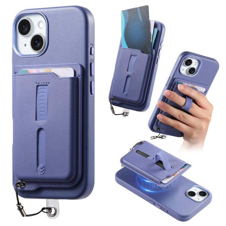 

For iPhone 15 Detachable Magnetic Card Bag Phone Case with Finger Ring Grip & Anti-loss Rope(Lavender)