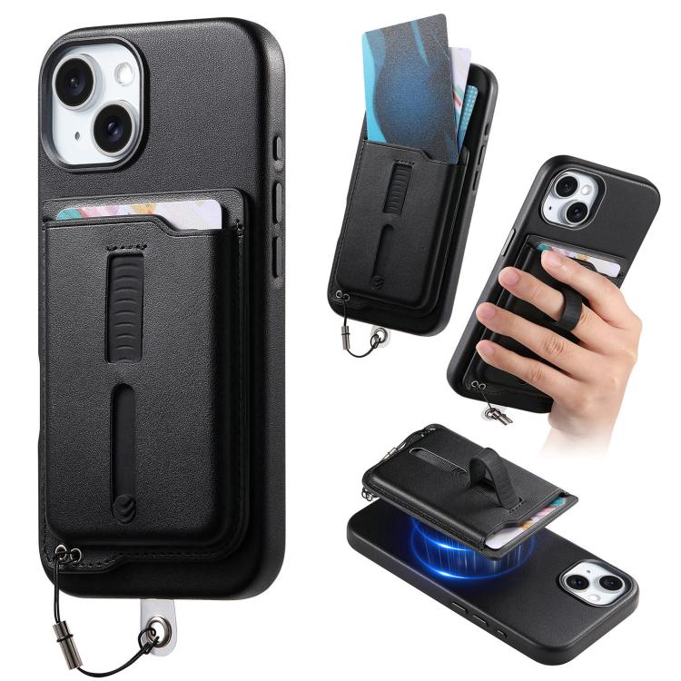 

For iPhone 15 Detachable Magnetic Card Bag Phone Case with Finger Ring Grip & Anti-loss Rope(Black)