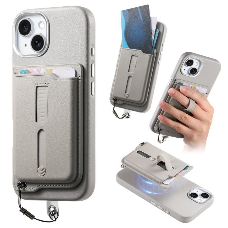 

For iPhone 15 Plus Detachable Magnetic Card Bag Phone Case with Finger Ring Grip & Anti-loss Rope(Gray)