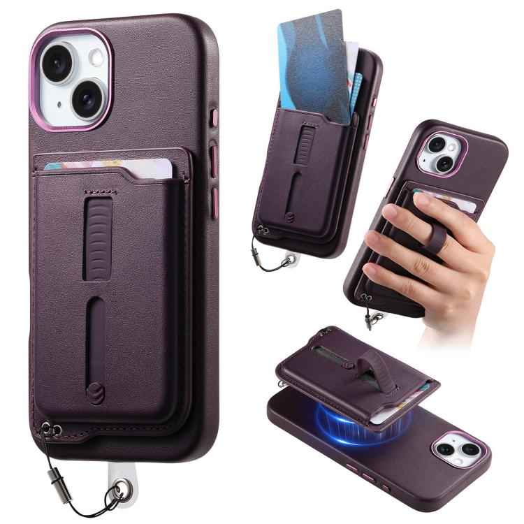 

For iPhone 15 Plus Detachable Magnetic Card Bag Phone Case with Finger Ring Grip & Anti-loss Rope(Purple)