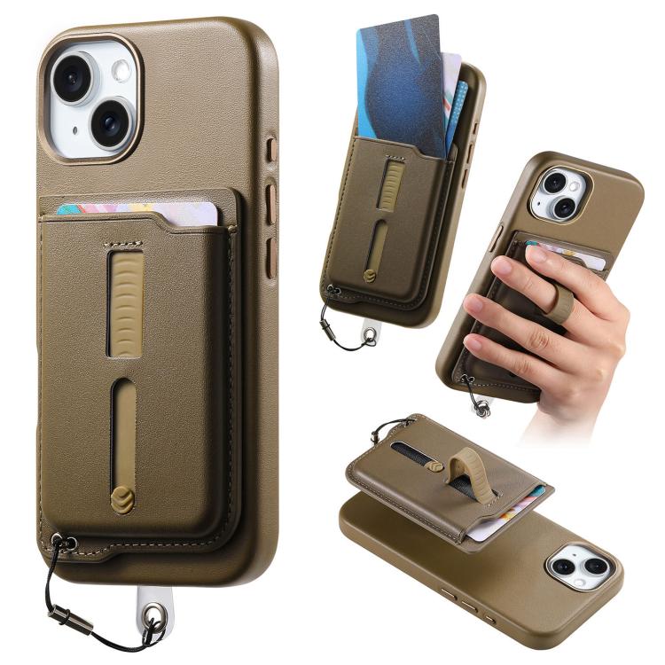

For iPhone 15 Plus Detachable Magnetic Card Bag Phone Case with Finger Ring Grip & Anti-loss Rope(Khaki)