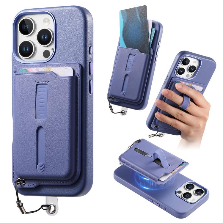

For iPhone 15 Pro Detachable Magnetic Card Bag Phone Case with Finger Ring Grip & Anti-loss Rope(Lavender)