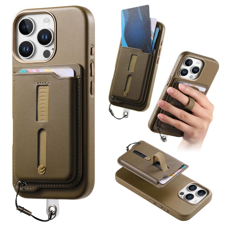 

For iPhone 15 Pro Max Detachable Magnetic Card Bag Phone Case with Finger Ring Grip & Anti-loss Rope(Khaki)