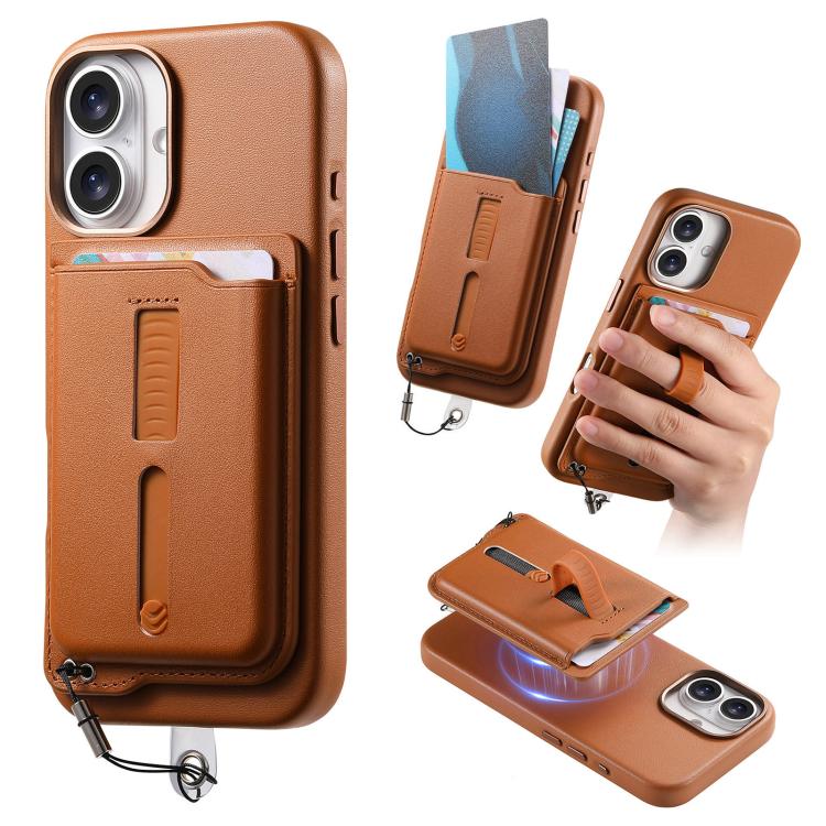 

For iPhone 16 Detachable Magnetic Card Bag Phone Case with Finger Ring Grip & Anti-loss Rope(Brown)