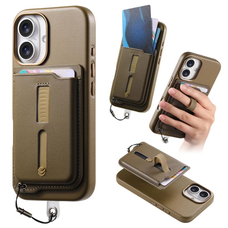 

For iPhone 16 Detachable Magnetic Card Bag Phone Case with Finger Ring Grip & Anti-loss Rope(Khaki)