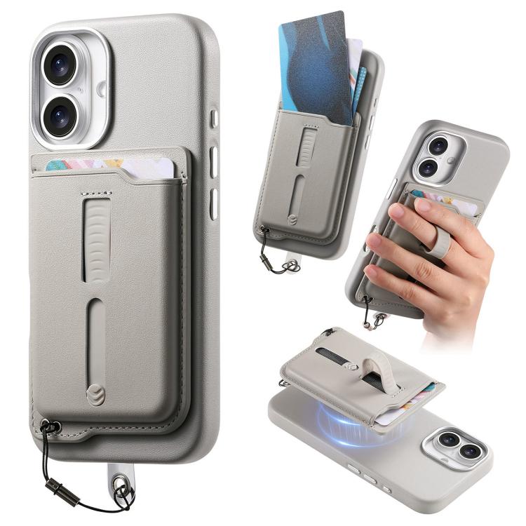 

For iPhone 16 Plus Detachable Magnetic Card Bag Phone Case with Finger Ring Grip & Anti-loss Rope(Gray)