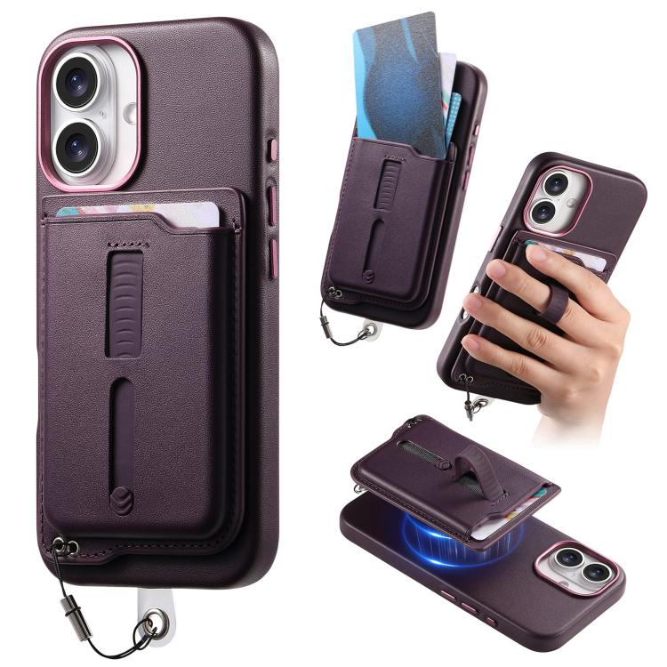 

For iPhone 16 Plus Detachable Magnetic Card Bag Phone Case with Finger Ring Grip & Anti-loss Rope(Purple)