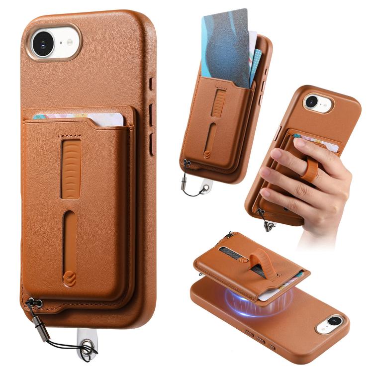 

For iPhone 17e / 16e Detachable Magnetic Card Bag Phone Case with Finger Ring Grip & Anti-loss Rope(Brown)