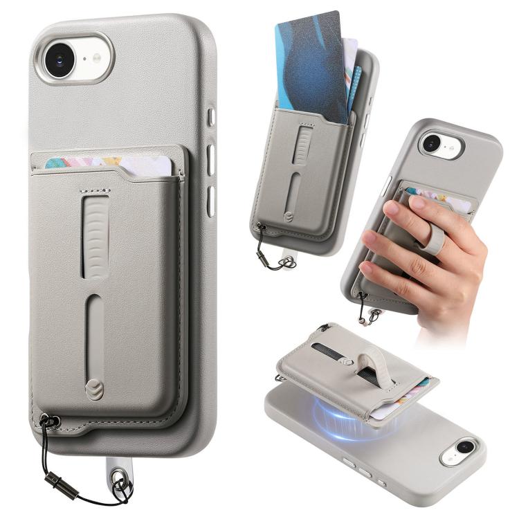 

For iPhone 16e Detachable Magnetic Card Bag Phone Case with Finger Ring Grip & Anti-loss Rope(Gray)