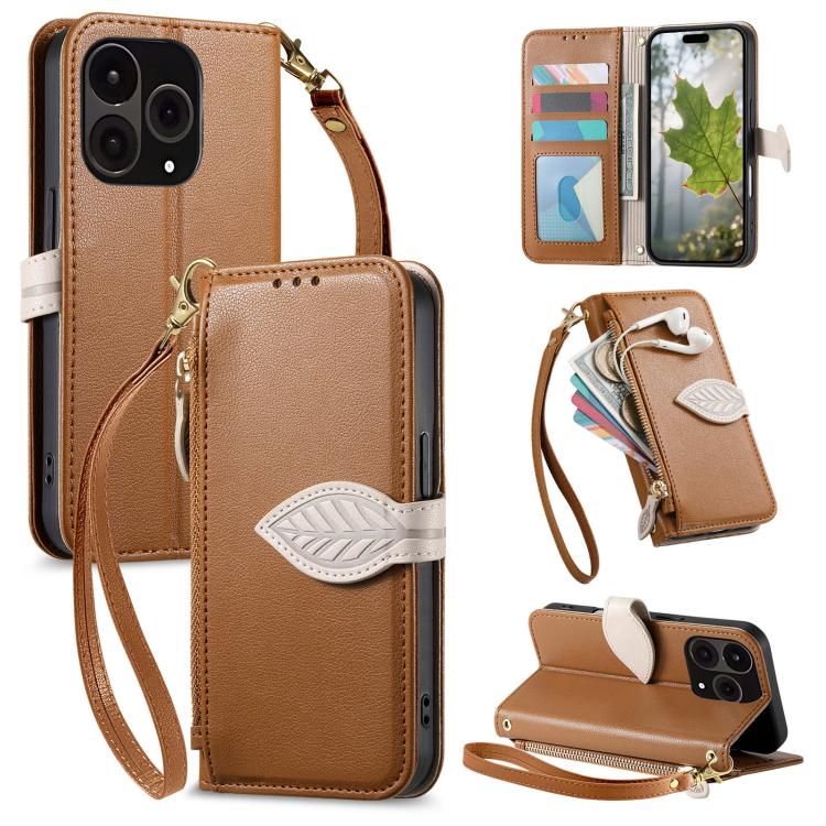 

For Oneplus 15 Leaf Buckle Zipper Wallet Leather Phone Case with Strap(Brown)