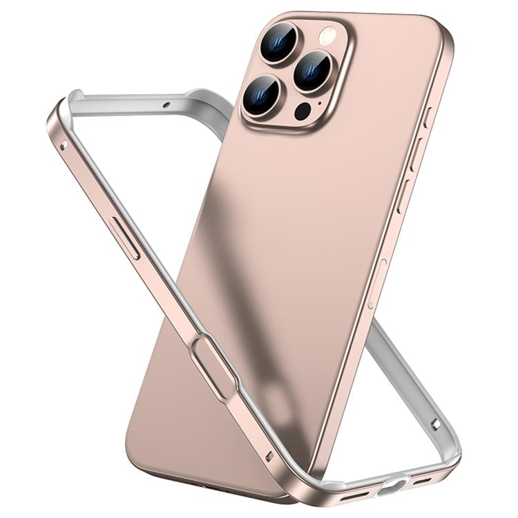 

For iPhone 16 Pro Max Metal Hybrid Silicone Four-Corner Shockproof Cooling Phone Frame Case(White vinyl + Rose Pink)