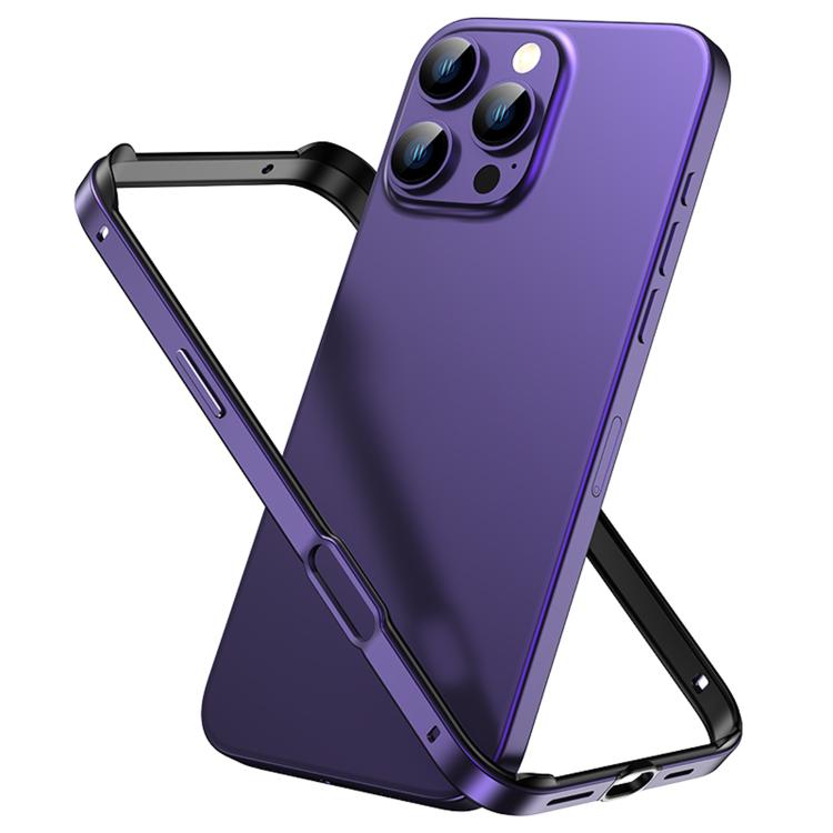 For iPhone 16 Pro Max Metal Hybrid Silicone Four-Corner Shockproof Cooling Phone Frame Case(Black vinyl + Dark Purple)
