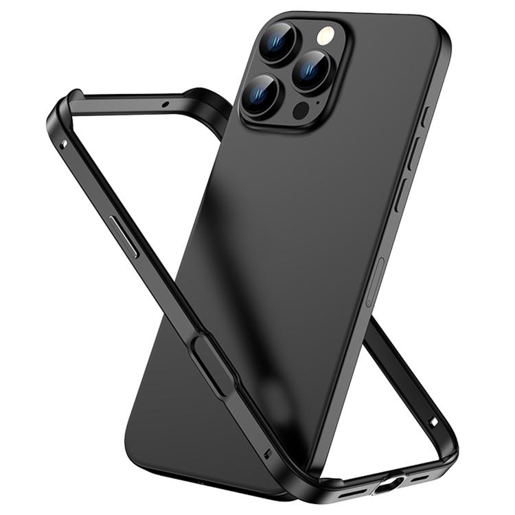 

For iPhone 16 Pro Max Metal Hybrid Silicone Four-Corner Shockproof Cooling Phone Frame Case(Black vinyl + Black)