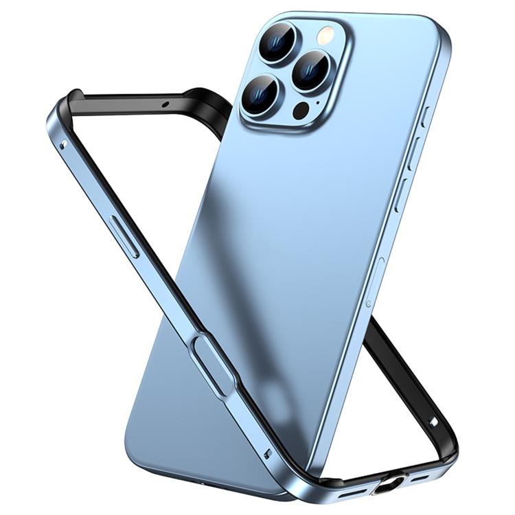 For iPhone 16 Pro Metal Hybrid Silicone Four-Corner Shockproof Cooling Phone Frame Case(Black vinyl + Peak Blue)