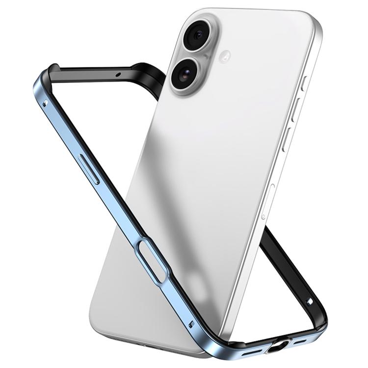 

For iPhone 16 Plus Metal Hybrid Silicone Four-Corner Shockproof Cooling Phone Frame Case(Black vinyl + Peak Blue)