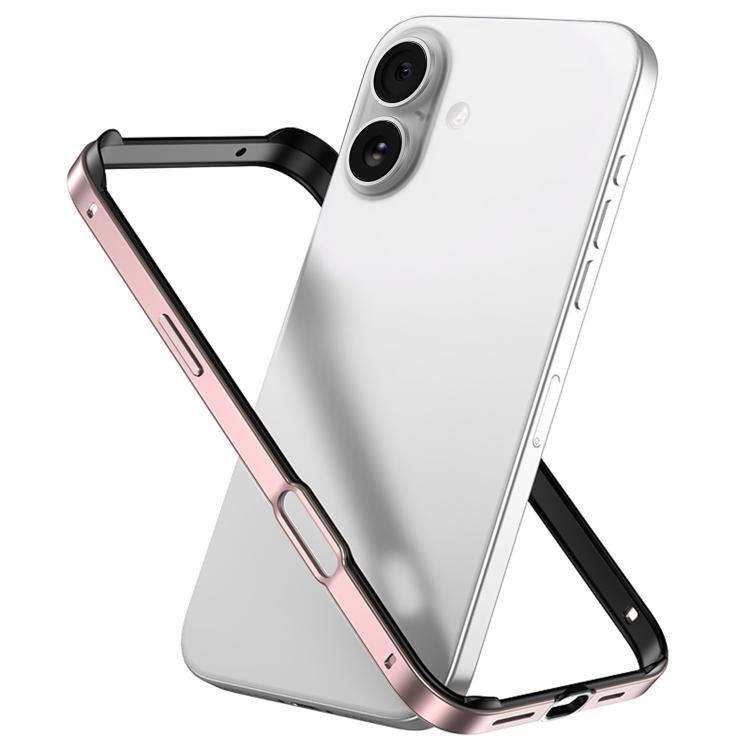 For iPhone 16 Plus Metal Hybrid Silicone Four-Corner Shockproof Cooling Phone Frame Case(Black vinyl + Rose Pink)