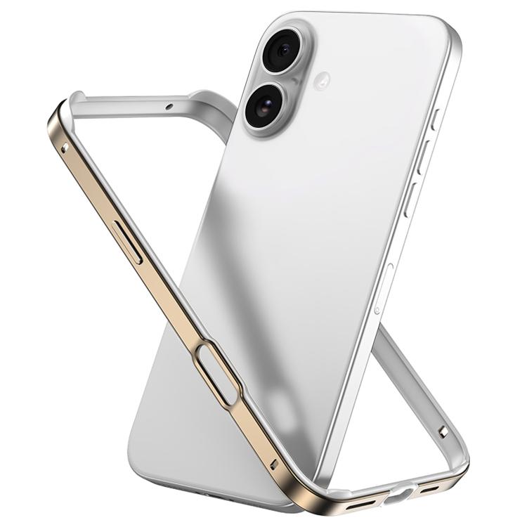 

For iPhone 16 Metal Hybrid Silicone Four-Corner Shockproof Cooling Phone Frame Case(White vinyl + Desert Gold)