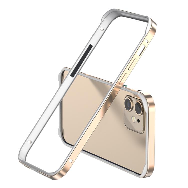 

For iPhone 13 Pro Max Metal Hybrid Silicone Four-Corner Shockproof Cooling Phone Frame Case(White vinyl + Desert Gold)