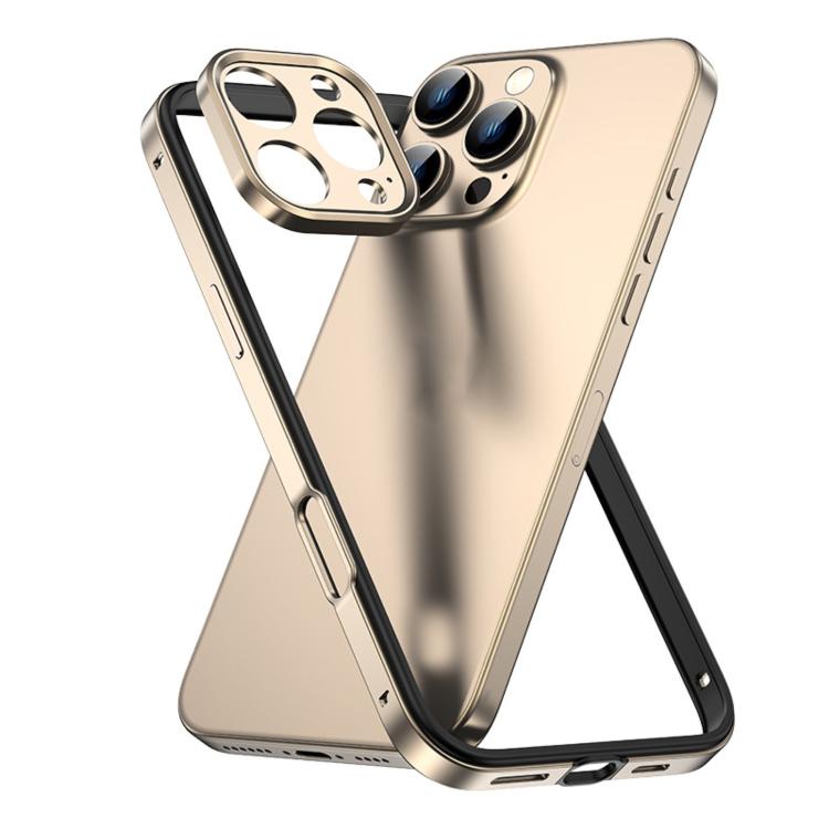 

For iPhone 16 Pro Aluminum Alloy Hybrid Silicone Edge Thin Cooling Phone Frame Case with Metal Lens Frame(Desert Gold)
