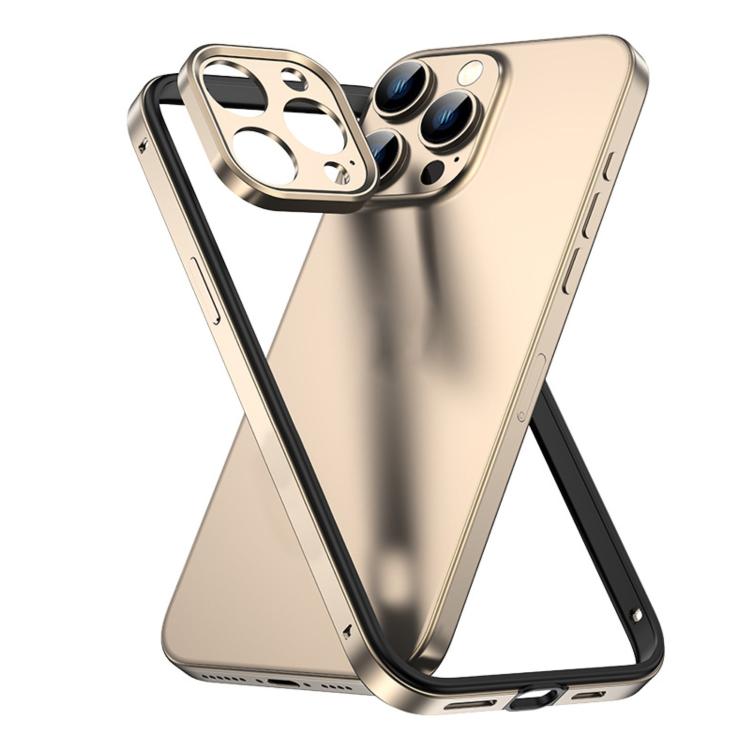 

For iPhone 15 Pro Aluminum Alloy Hybrid Silicone Edge Thin Cooling Phone Frame Case with Metal Lens Frame(Desert Gold)