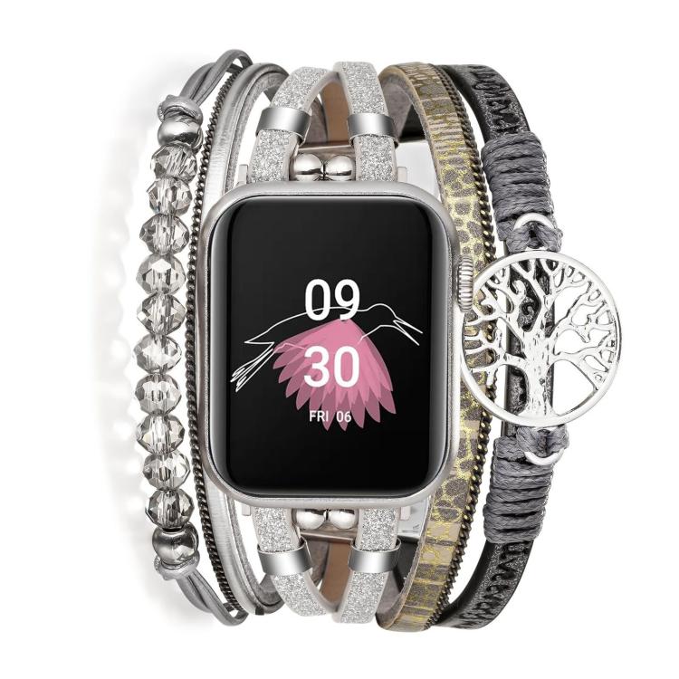 

For Apple Watch 46mm / 49mm / 45mm / 44mm Tree of Life Pendant Metal Genuine Leather Watch Band(Grey)