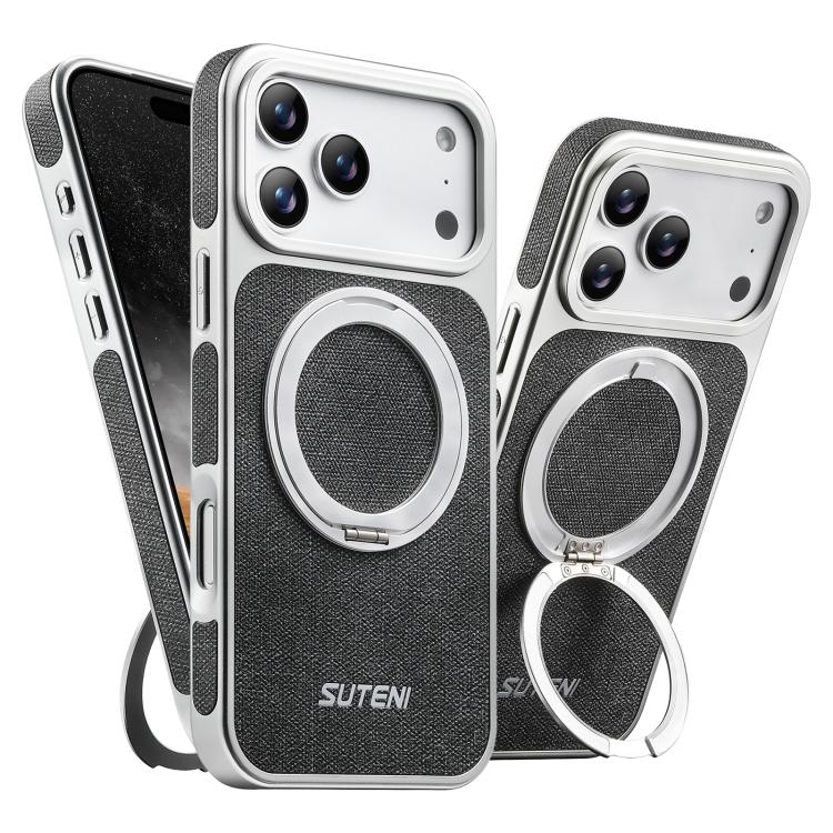 

For iPhone 17 Pro Max Suteni G6 Denim Pattern Electroplated 360 Rotation Holder Magnetic Phone Case(Black)