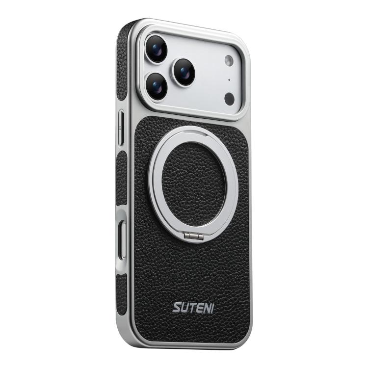 

For iPhone 17 Pro Max Suteni G6 Large Litchi Texture Electroplated 360 Rotation Holder Magnetic Phone Case(Black)