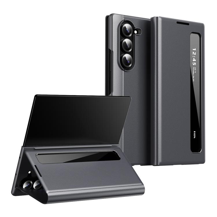 For Galaxy Z Fold6 5G Smart View Window Leather Phone Case(Grey)