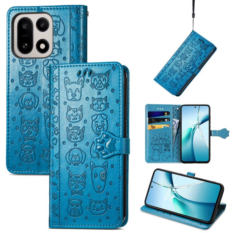 

For OnePlus 15 Cat and Dog Embossed Leather Phone Case(Blue)