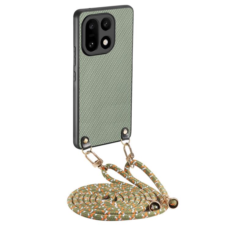 

For OnePlus 15 Carbon Fiber Texture Leather Back Cover Phone Case with Crossbody Strap(Green)