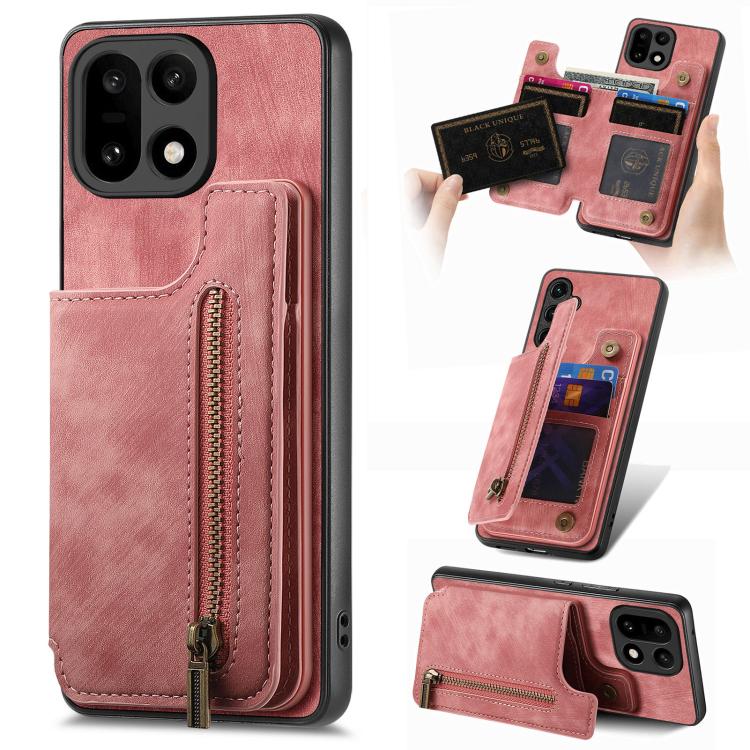 

For OnePlus 15 Retro Leather Zipper Wallet Back Phone Case(Pink)