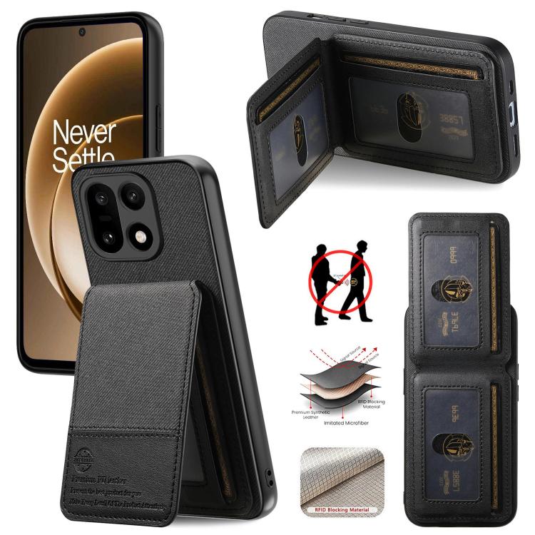 

For OnePlus 15 Twill Fabric Leather Vertical Flip RFID Card Bag Phone Case(Black)