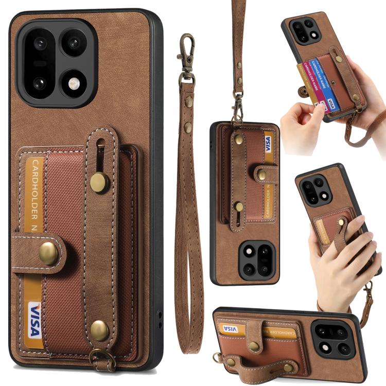 

For OnePlus 15 Retro Cross Wristband Wallet Leather Back Phone Case(Brown)